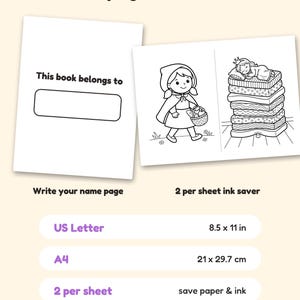 Puede incluir: Un conjunto de p&aacute;ginas de libro para colorear digital que incluye una p&aacute;gina 'This book belongs to' y una p&aacute;gina '2 per sheet ink saver' con ilustraciones de una ni&ntilde;a con capa y una princesa sobre colchones. Incluye A4 21 x 29,7 cm.