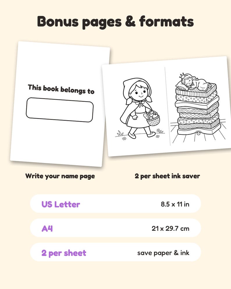 Puede incluir: Un conjunto de p&aacute;ginas de libro para colorear digital que incluye una p&aacute;gina 'This book belongs to' y una p&aacute;gina '2 per sheet ink saver' con ilustraciones de una ni&ntilde;a con capa y una princesa sobre colchones. Incluye A4 21 x 29,7 cm.