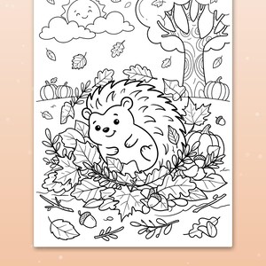 May include: A black and white coloring page featuring a smiling hedgehog sitting in a pile of autumn leaves, surrounded by pumpkins, acorns, and a tree. A smiling sun with clouds is in the sky. The text at the bottom reads: Cute scenes kids love.