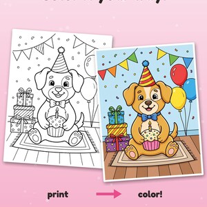 May include: A coloring page featuring a puppy wearing a party hat, holding a cupcake with a candle, surrounded by gifts and balloons. The text reads Color it your way!, print, color!, and Example colored with AI, for inspiration.