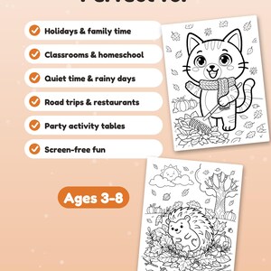 May include: Two black and white coloring pages featuring a cat raking autumn leaves and a hedgehog in a forest setting. The text includes "Perfect for" followed by a list of activities and "Ages 3-8" on a light peach background.