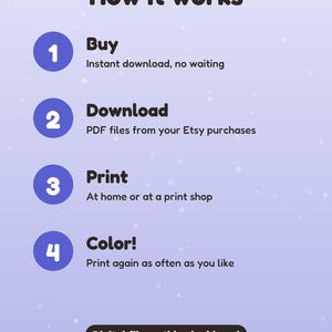 May include: A light purple informational graphic titled How it works, listing four steps: 1 Buy, instant download; 2 Download, PDF files; 3 Print, at home or shop; 4 Color, print again. Includes a Digital file: nothing is shipped notice.