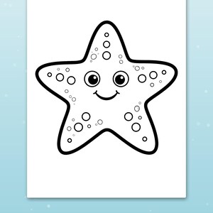 May include: A black and white coloring page featuring a smiling starfish with large eyes and circular patterns on its body. Below the starfish, a blue rectangular label contains the white text: Big spaces for little hands.