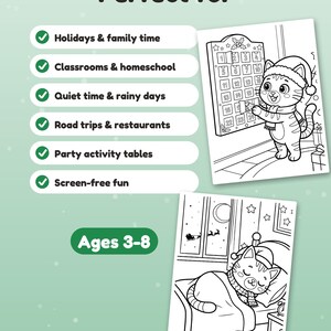 May include: Two black and white coloring pages featuring a cat. One page shows a cat in a Santa hat opening an advent calendar. The other page shows a cat in a nightcap sleeping in a bed with a window view of a sleigh and reindeer. Text includes "Perfect for" and "Ages 3-8".