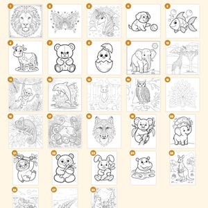 May include: A collection of 28 black and white coloring pages featuring various animals including a lion, butterfly, unicorn, dog, fish, cow, bear, chick, elephant, giraffe, monkey, dolphin, fox, owl, peacock, chameleon, octopus, wolf, koala, and kangaroo.