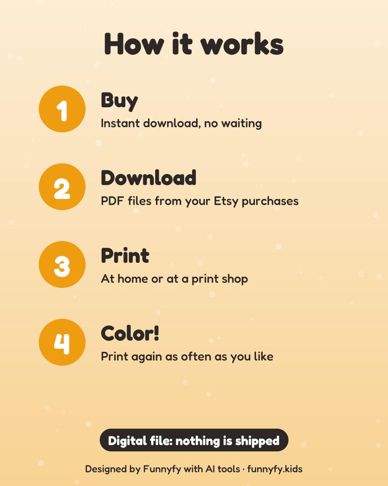 May include: An instructional graphic titled How it works with four numbered orange circles. Steps include: 1 Buy, instant download; 2 Download, PDF files; 3 Print, at home or shop; 4 Color, print as often as you like. Includes text: Digital file: nothing is shipped.