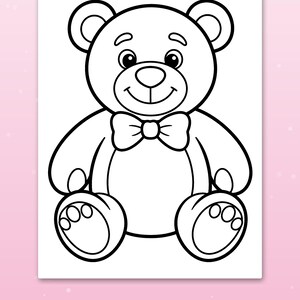 May include: A black and white line art coloring page featuring a seated teddy bear wearing a bow tie. The bear has rounded ears, a smiling face, and paw pads on its feet. Below the illustration, the text reads: Big spaces for little hands.