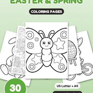 May include: A collection of 30 Easter & Spring coloring pages featuring black and white line art of a butterfly, a rabbit, and decorated eggs. The digital set includes US Letter and A4 formats for instant download.