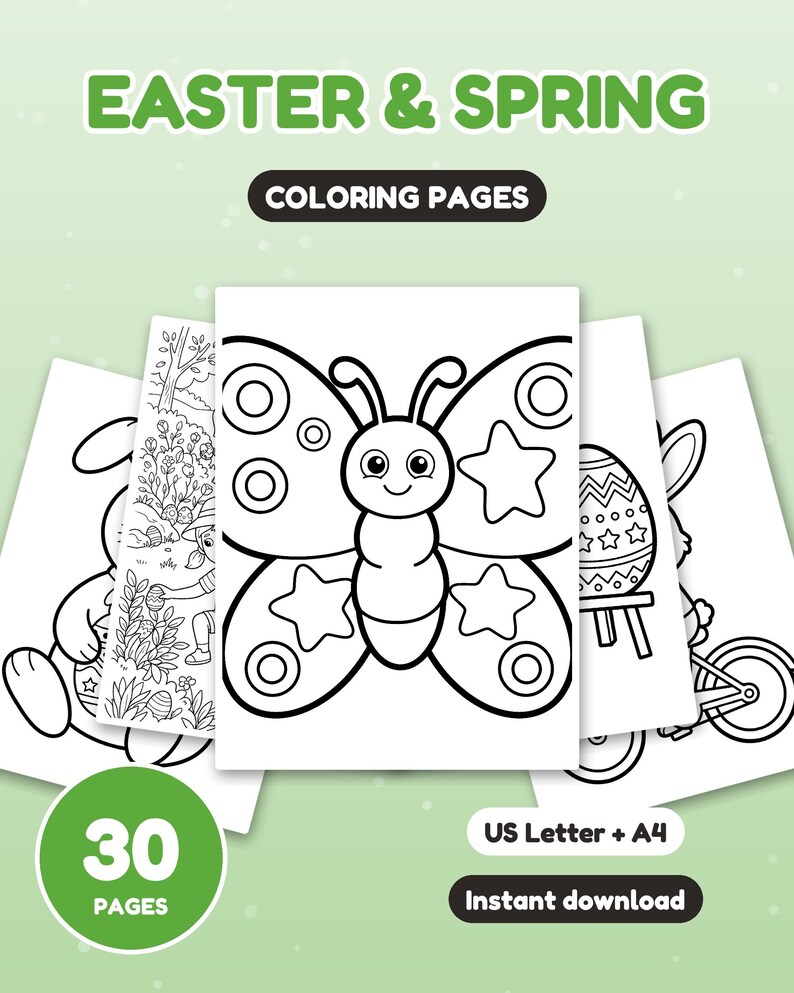 Puede incluir: Una colecci&oacute;n de 30 p&aacute;ginas para colorear de Pascua y Primavera con dibujos en blanco y negro de una mariposa, un conejo y huevos decorados. El set digital incluye formatos US Letter y A4 para descarga instant&aacute;nea.