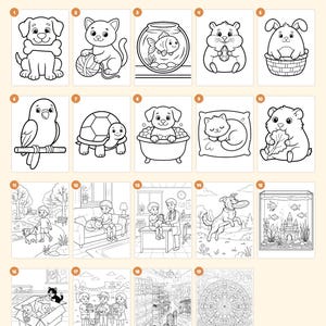 May include: A digital coloring book featuring 19 pages of black and white line art illustrations of pets and animals, including dogs, cats, fish, and hamsters, plus a cover, a This book belongs to page, and a closing page.