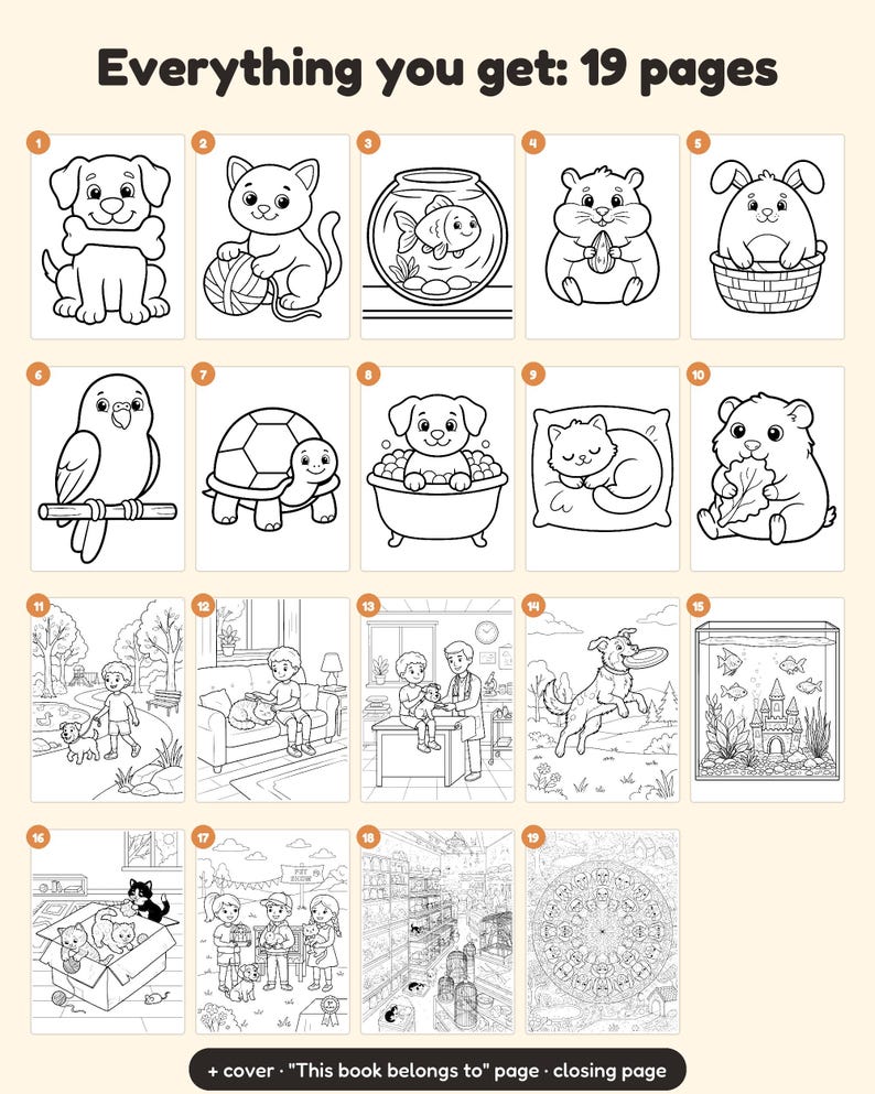 May include: A digital coloring book featuring 19 pages of black and white line art illustrations of pets and animals, including dogs, cats, fish, and hamsters, plus a cover, a This book belongs to page, and a closing page.