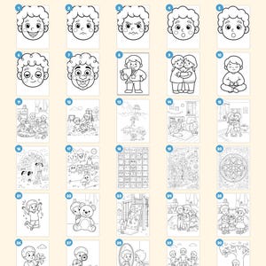 May include: A collection of 30 black and white colouring pages featuring children in various activities, emotions, and scenes. The pages include numbered illustrations of faces, playing outdoors, hugging, and nature, with text stating Everything you get: 30 pages.
