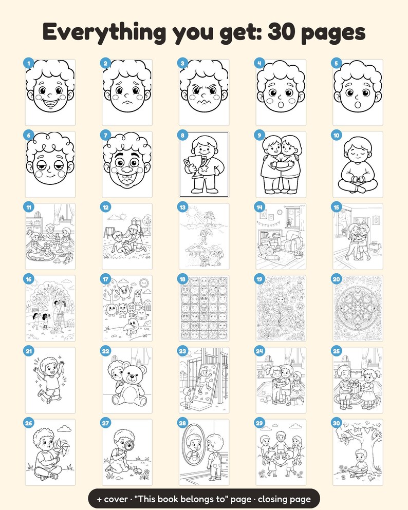 May include: A collection of 30 black and white colouring pages featuring children in various activities, emotions, and scenes. The pages include numbered illustrations of faces, playing outdoors, hugging, and nature, with text stating Everything you get: 30 pages.
