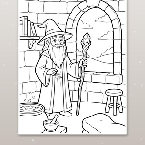 Peut inclure: Une page de coloriage en noir et blanc repr&eacute;sentant un magicien avec une longue barbe et un chapeau pointu tenant un b&acirc;ton surmont&eacute; d'un cristal. La sc&egrave;ne inclut un mur en pierre, une fen&ecirc;tre avec vue, un chaudron, un mortier et un tabouret.