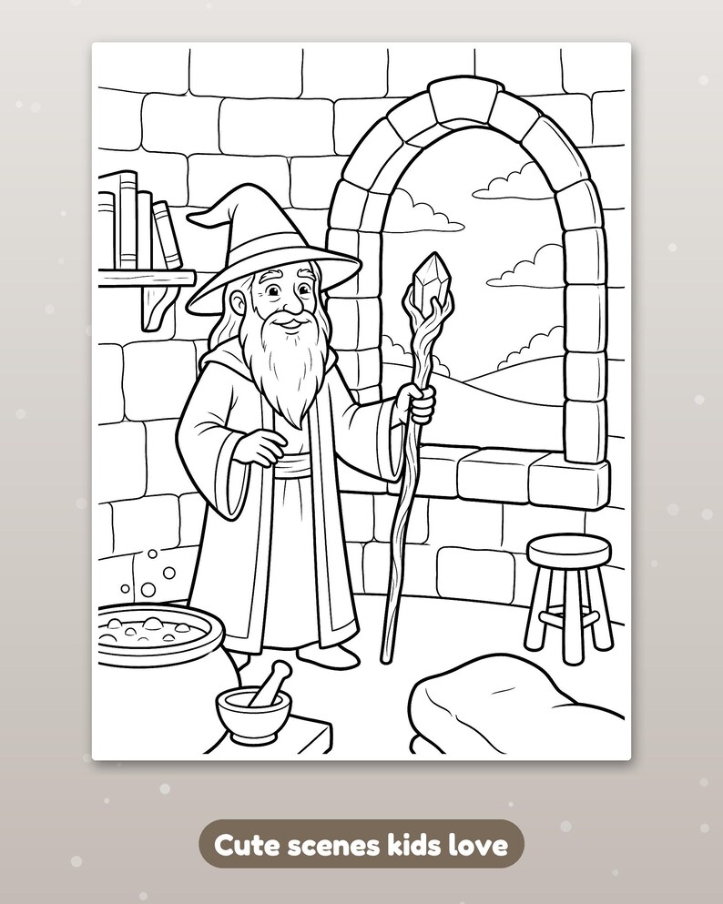 Peut inclure: Une page de coloriage en noir et blanc repr&eacute;sentant un magicien avec une longue barbe et un chapeau pointu tenant un b&acirc;ton surmont&eacute; d'un cristal. La sc&egrave;ne inclut un mur en pierre, une fen&ecirc;tre avec vue, un chaudron, un mortier et un tabouret.