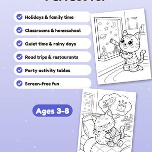 May include: Two black and white coloring pages featuring a cat in pajamas. One page shows the cat using a telescope by a window with space elements. The other shows the cat sleeping in bed dreaming of a rocket and alien. Text includes Perfect for and Ages 3-8.