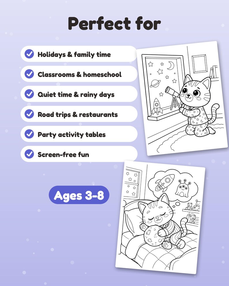 May include: Two black and white coloring pages featuring a cat in pajamas. One page shows the cat using a telescope by a window with space elements. The other shows the cat sleeping in bed dreaming of a rocket and alien. Text includes Perfect for and Ages 3-8.