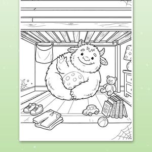 May include: A black and white colouring page featuring a furry monster sitting under a bunk bed holding a polka-dot ball. The room includes a teddy bear, books, a toy car, shoes, and folded trousers. The text at the bottom reads Big spaces for little hands.