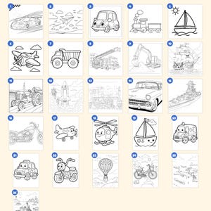 May include: A collection of 26 black and white colouring pages featuring various vehicles including cars, planes, trains, ships, and bicycles. The top text reads Everything you get: 26 pages and the bottom text reads + cover "This book belongs to" page &middot; closing page.
