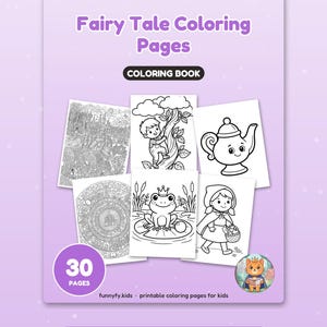 Puede incluir: Un libro de colorear Fairy Tale Coloring Pages con 30 p&aacute;ginas que presenta ilustraciones en blanco y negro de un castillo, un ni&ntilde;o trepando un &aacute;rbol, una tetera, un pr&iacute;ncipe rana y una ni&ntilde;a con capucha roja. Incluye texto y un gato.