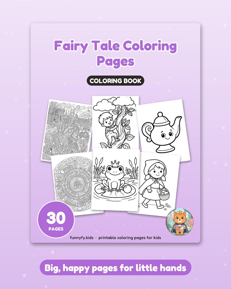 Puede incluir: Un libro de colorear Fairy Tale Coloring Pages con 30 p&aacute;ginas que presenta ilustraciones en blanco y negro de un castillo, un ni&ntilde;o trepando un &aacute;rbol, una tetera, un pr&iacute;ncipe rana y una ni&ntilde;a con capucha roja. Incluye texto y un gato.