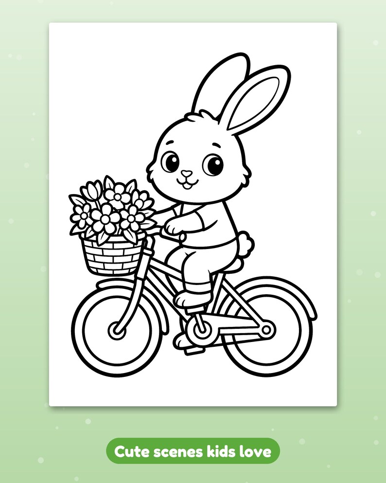 Puede incluir: Una ilustraci&oacute;n en blanco y negro para colorear que muestra a un conejo montando en bicicleta. El conejo tiene orejas largas y viste una camiseta y pantalones. Una cesta llena de flores est&aacute; sujeta al manillar.