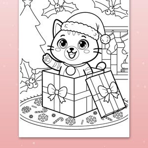 May include: A black and white coloring page featuring a cartoon cat wearing a Santa hat, sitting inside a gift box with a bow. The background includes a Christmas tree, holly leaves, stockings, and snowflakes on the floor. The text reads Thick, bold lines.