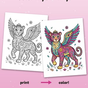 Puede incluir: Dos p&aacute;ginas para colorear con un felino alado con intrincados patrones florales y de cachemira. Una p&aacute;gina es un dibujo lineal en blanco y negro, y la otra es una versi&oacute;n a todo color. El texto incluye Color it your way!, print, color! y Example colored with AI.