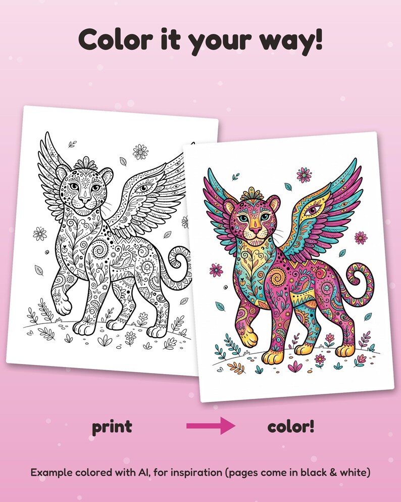 Puede incluir: Dos p&aacute;ginas para colorear con un felino alado con intrincados patrones florales y de cachemira. Una p&aacute;gina es un dibujo lineal en blanco y negro, y la otra es una versi&oacute;n a todo color. El texto incluye Color it your way!, print, color! y Example colored with AI.