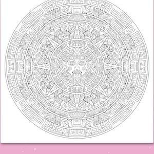 Puede incluir: Una p&aacute;gina para colorear circular en blanco y negro que presenta un rostro central con la lengua afuera, rodeado de intrincados patrones geom&eacute;tricos, rayos de sol y anillos conc&eacute;ntricos de motivos decorativos.