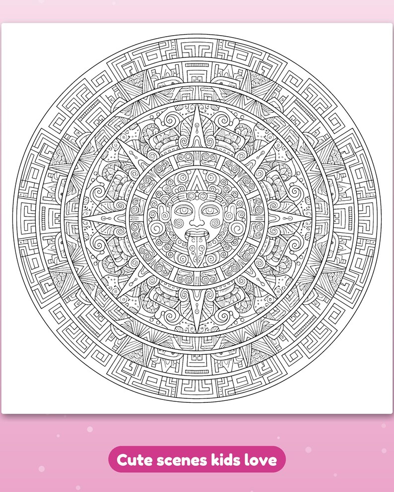 Puede incluir: Una p&aacute;gina para colorear circular en blanco y negro que presenta un rostro central con la lengua afuera, rodeado de intrincados patrones geom&eacute;tricos, rayos de sol y anillos conc&eacute;ntricos de motivos decorativos.