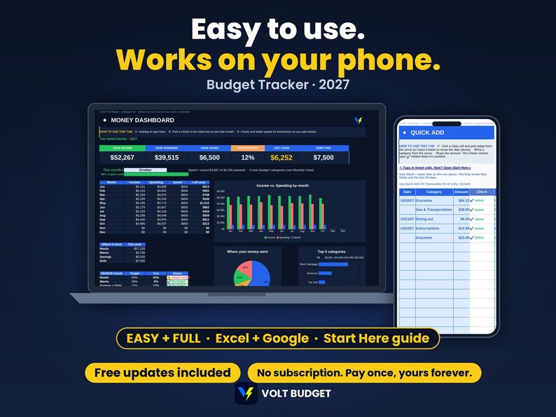 Easy Budget Spreadsheet for Beginners | Paycheck and Biweekly Budget Planner, Auto Charts | Sheets and Excel, Ready now for 2026 & 2027 image 3