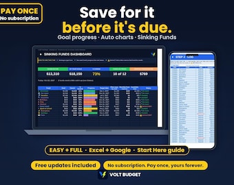 Sinking Funds Tracker | Savings Goals Planner for Beginners, Paycheck Savings, Auto Charts | Sheets & Excel, 2026-2027