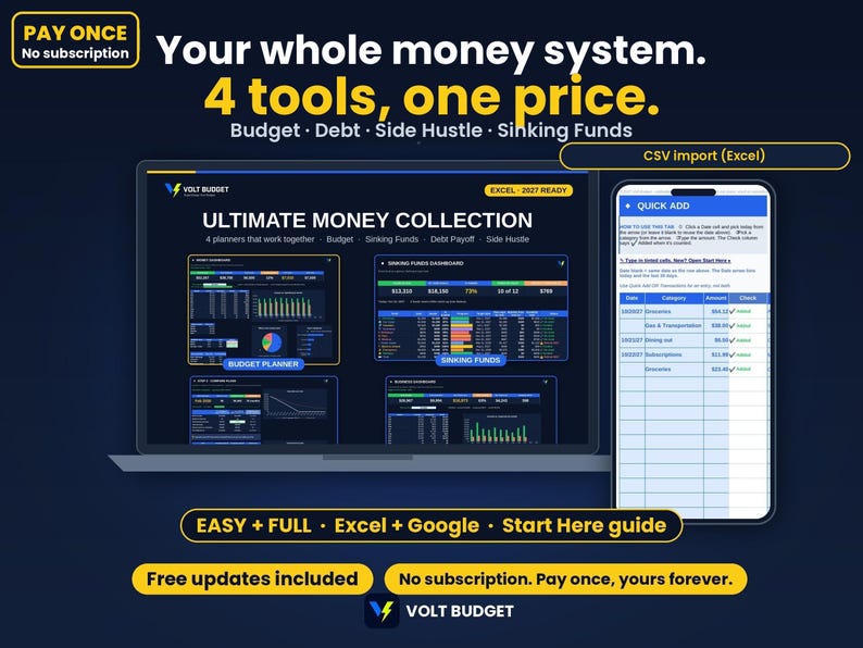 Budget Spreadsheet Template Bundle | Ultimate Easy Paycheck Budget, Debt Snowball, Sinking Funds & Side Hustle | Google Sheets and Excel imagen 1