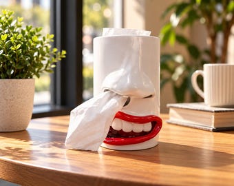 Dispensador de pañuelos con forma de cara divertida, dispensador de pañuelos de cerámica con labios rojos, decoración original para el baño, regalo divertido y único, accesorio novedoso para el hogar.