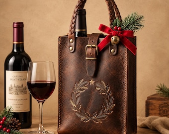 Leren wijntas met gevlochten handvatten, handgemaakte fleshouder voor één fles, kerstcadeau voor wijnliefhebbers