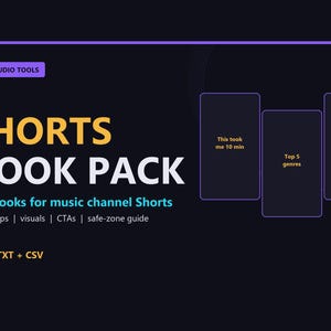 May include: A digital product graphic titled SHORTS HOOK PACK with the subtitle 100 hooks for music channel Shorts. It includes text labels for Follow-ups, visuals, CTAs, safe-zone guide, and file formats PDF, TXT, and CSV on a dark background.