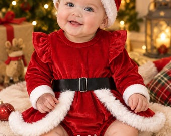 May include: A red velvet baby outfit featuring a long-sleeved dress with ruffled shoulders, a black belt with a silver buckle, and white faux fur trim. The ensemble includes a matching red velvet hat with a white faux fur brim and white socks.