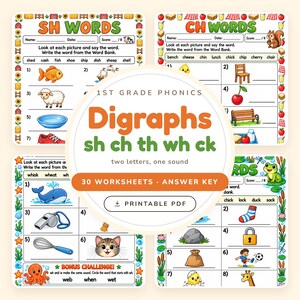 30 Consonant Digraph Worksheets, Word Sorts, Beginning and Ending Sounds, Kindergarten 1st Grade Phonic