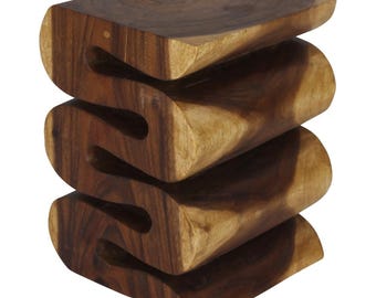 Solid Wood End Table, Hand Carved Wave Sculptural Side Table, 14 x 14 x 20 Inch