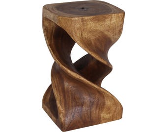 Haussmann Solid Wood Double Twist End Table, Hand Carved Monkeypod Pedestal Side Table, 12 x 14 in