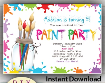 EDITABLE Paint Party Invitation, Colorful birthday invites for arty kids, Rainbow colors, Edit at Home with Adobe Reader!