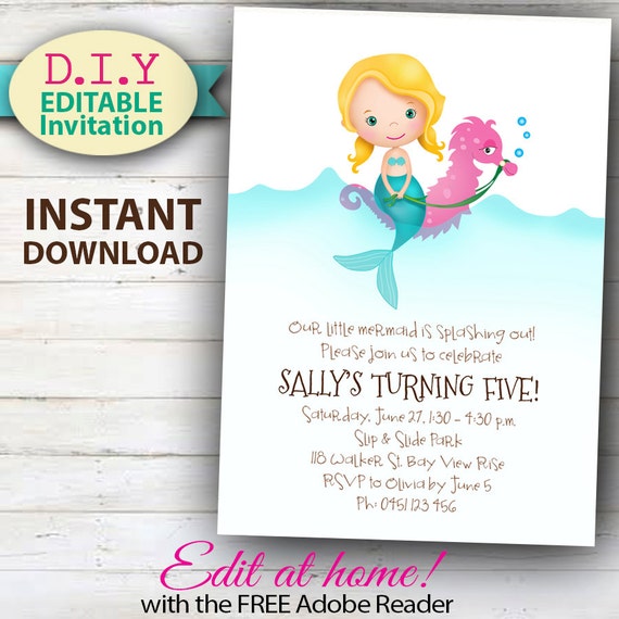 Edit little. Editable birthday invitations for girlsmermaid.