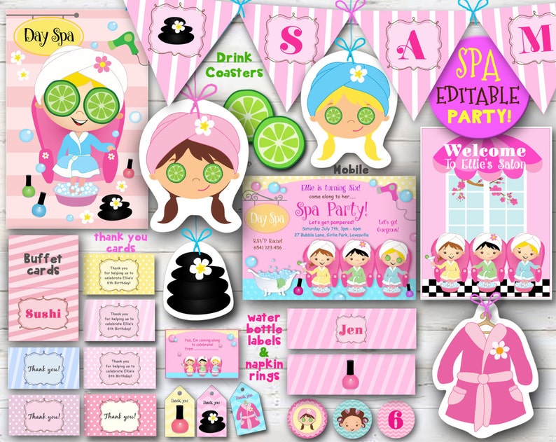 Spa Bash printables - EDITABLE D.I.Y birthday celebration decor, Adorable young children bash favors, bash banners, red buffet playing cards, cupcake toppers photo about Spa Party Printable known as Spa Bash printables - EDITABLE D.I.Y birthday occasion decor, Lovely children get together favors, bash banners, red buffet playing cards, cupcake toppers