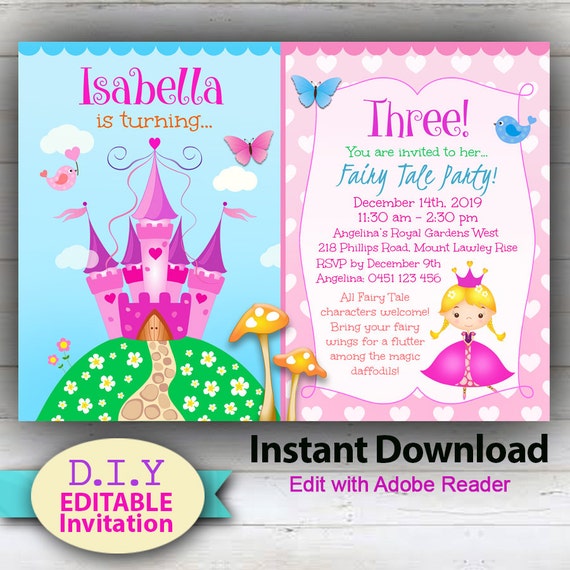 EDITABLE Princess/ Fairy Tale Party Invitation Sweet Girls | Etsy