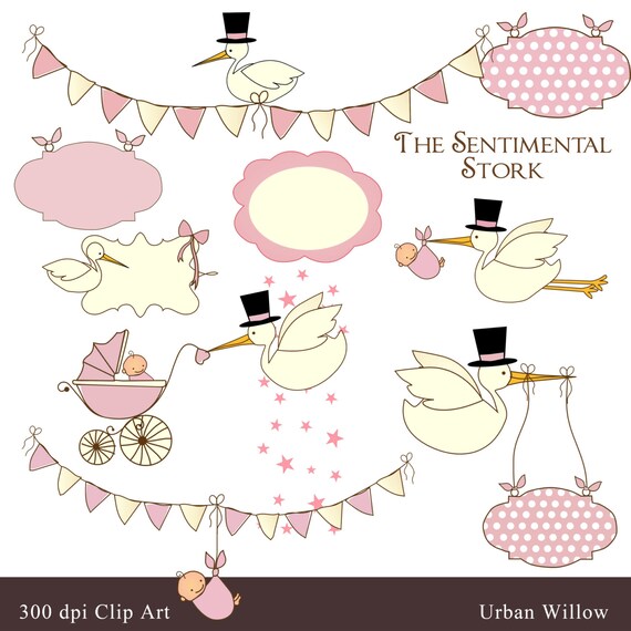 Clip Art Art Collectibles Digital Clipart Owl Baby In Pram Baby Girl Clipart Baby Shower Announcment Graphics Graphics Baby Pink Stork In Top Hat Clipart Stork