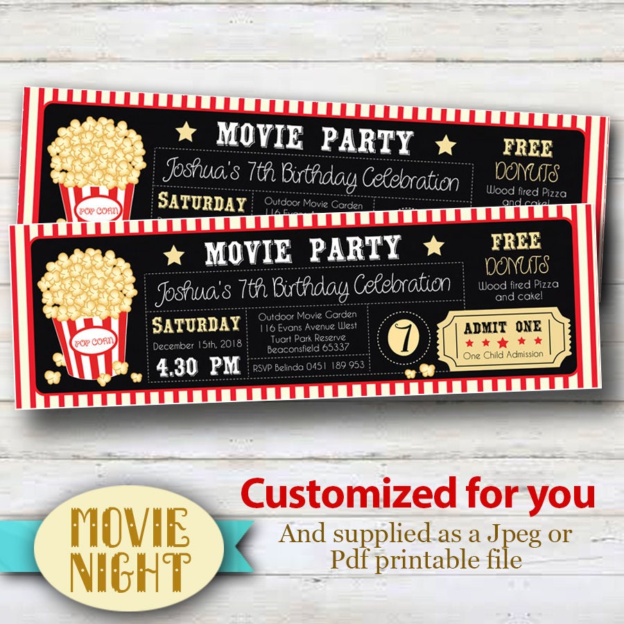 customized movie ticket printable invitations customized etsy