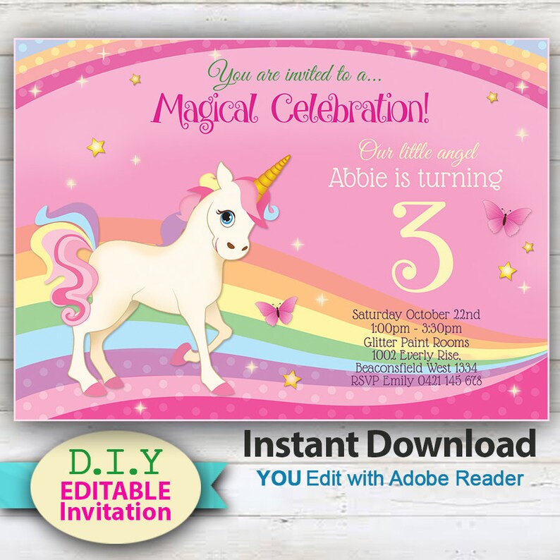 Editable Magical Unicorn Printable Party Invitation Rainbow Etsy