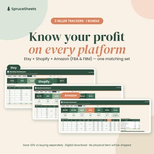 May include: A digital bundle of three seller trackers for Etsy, Shopify, and Amazon. The graphic features the SpruceSheets logo, the text Know your profit on every platform, and three dashboard screenshots displaying financial data tables.
