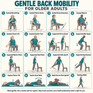 Könnte beinhalten: Eine Anleitungstafel mit dem Titel GENTLE BACK MOBILITY FOR OLDER ADULTS zeigt sechzehn nummerierte Illustrationen von Personen in blaugrünen Shirts und grauen Hosen bei verschiedenen Sitz-, Stand- und Liegeübungen mit einem Stuhl.